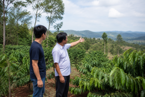 Người mua bất động sản từ xa đang khảo sát khu đất nông thôn tại Đắk Nông cùng người hỗ trợ địa phương, thể hiện bước tìm hiểu và kết nối thực tế