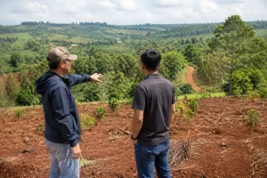 Người mua bất động sản từ xa đang khảo sát khu đất nông nghiệp tại Đắk Nông với bối cảnh đồi đất đỏ, cây xanh và một người địa phương đang trao đổi về khu vực thực tế