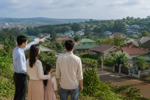 Toàn cảnh khu dân cư và nhà ở tại Gia Nghĩa với người đang quan sát khu vực để xác định nhu cầu tìm nơi ở
