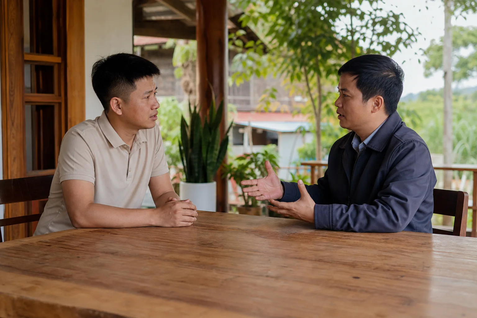 Người mua bất động sản trao đổi với chuyên gia tư vấn tại không gian văn phòng mở ở Đắk Nông, tập trung vào việc đặt câu hỏi và phân tích thông tin trước khi quyết định giao dịch.