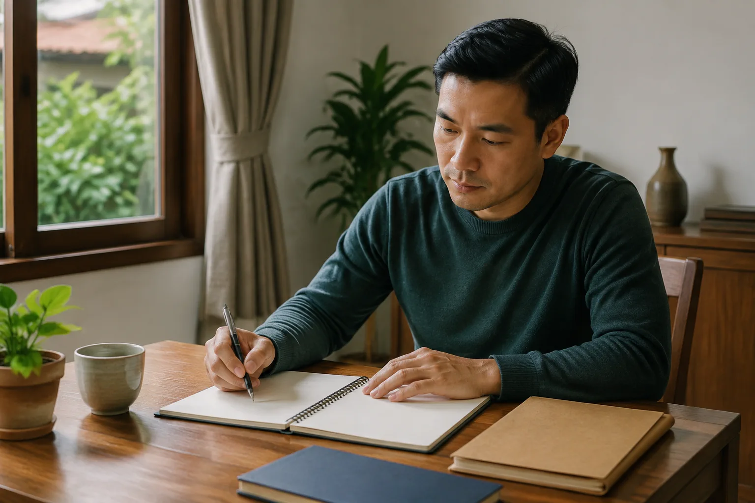 Người mua bất động sản tại Đắk Nông ngồi sắp xếp các bước chuẩn bị giao dịch tại không gian làm việc yên tĩnh, tập trung vào việc lập kế hoạch trước khi đặt cọc mua đất.
