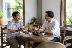 Chủ tài sản trao đổi riêng với chuyên viên tư vấn về phạm vi công việc ký gửi bất động sản tại Đắk Nông trong không gian làm việc yên tĩnh, tập trung vào việc đặt câu hỏi và thống