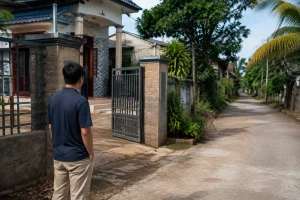 Chủ nhà tại Gia Nghĩa đứng trước cổng căn nhà nhìn ra đường vào tài sản, thể hiện bước đánh giá lối tiếp cận và điều kiện xem nhà trước khi đưa thông tin ra ngoài