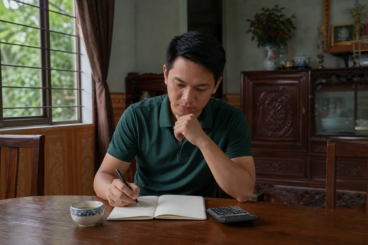 Người mua bất động sản tại Đắk Nông ngồi lập kế hoạch tài chính cá nhân trước khi đi xem tài sản, thể hiện bước chuẩn bị ngân sách và khả năng vay vốn trước khảo sát thực tế.
