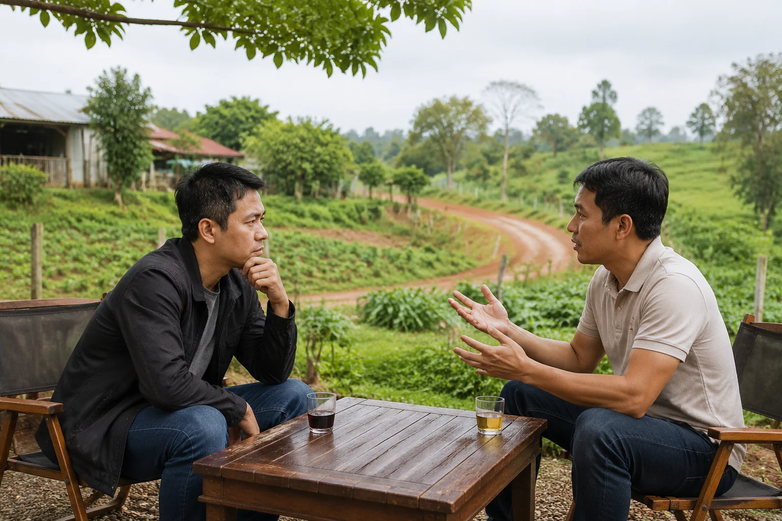 Người mua và chuyên gia trao đổi các điểm cần xác minh về một khu đất tại Đắk Nông trong không gian làm việc thực tế, tập trung vào quá trình đặt câu hỏi và đối chiếu thông tin trư