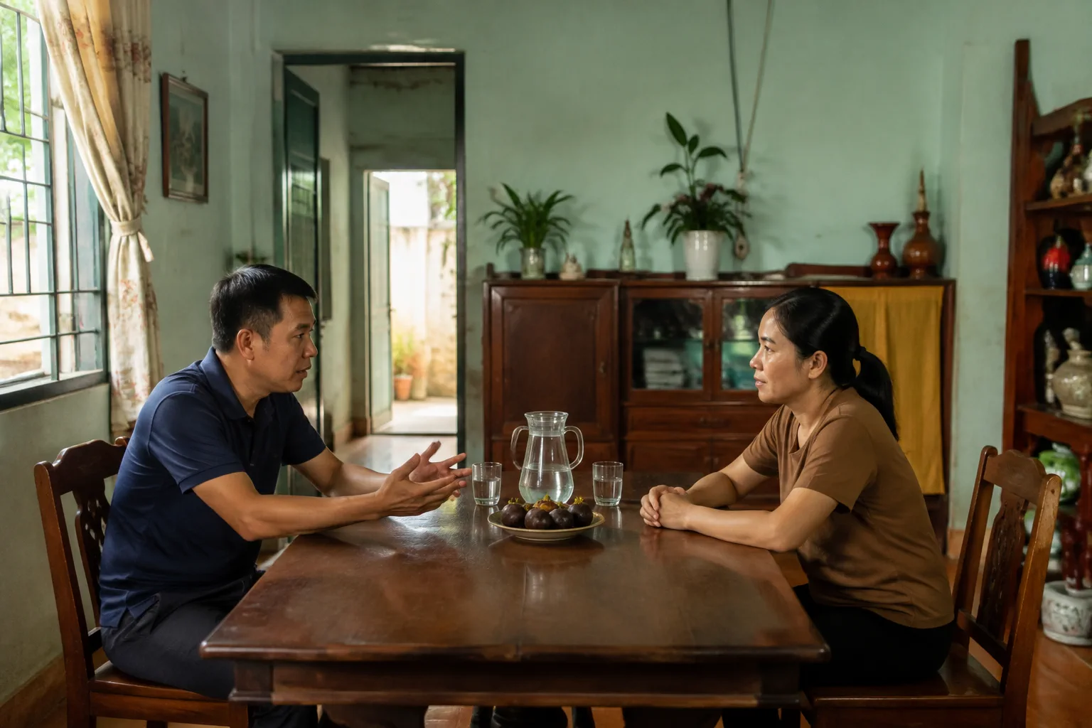 Người mua nhà cùng người thân ngồi trao đổi kế hoạch tài chính và tiêu chí tài sản tại bàn trong không gian sinh hoạt gia đình, thể hiện bước chuẩn bị ngân sách và mục tiêu trước k