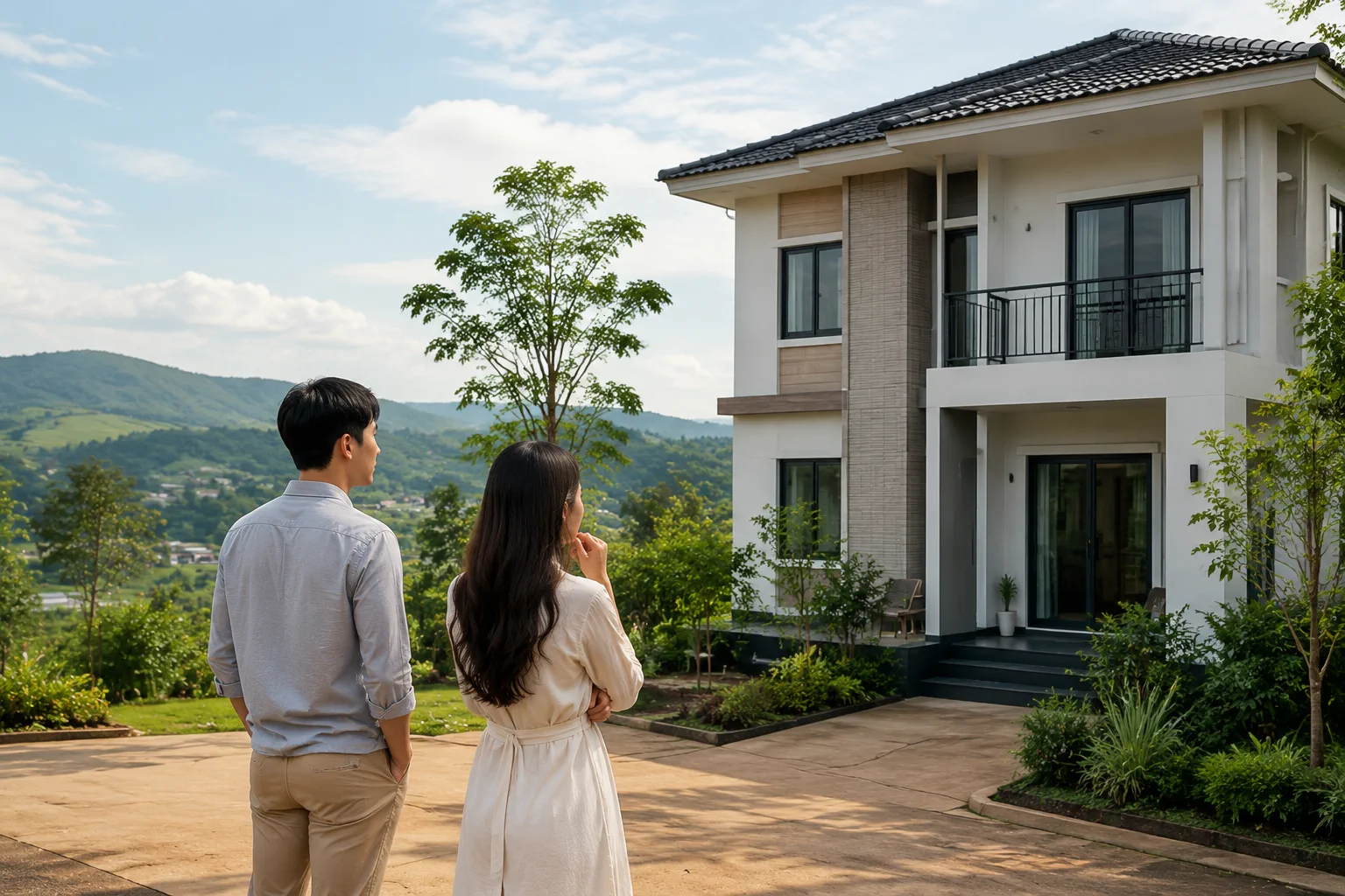 Cặp vợ chồng trẻ đang khảo sát ngoại thất một căn nhà phố hiện đại tại khu vực Gia Nghĩa, Đắk Nông để đánh giá sự phù hợp với nhu cầu gia đình.