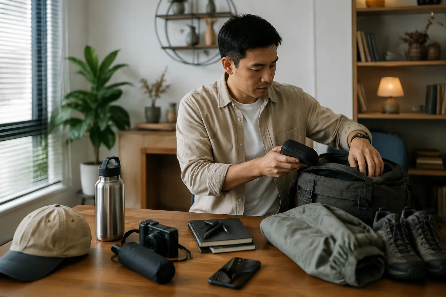 Một người mua bất động sản ở xa đang chuẩn bị chuyến khảo sát đất Đắk Nông bằng cách sắp xếp hành trình trên bàn làm việc tại nhà, với các ghi chú cá nhân không có chữ, điện thoại