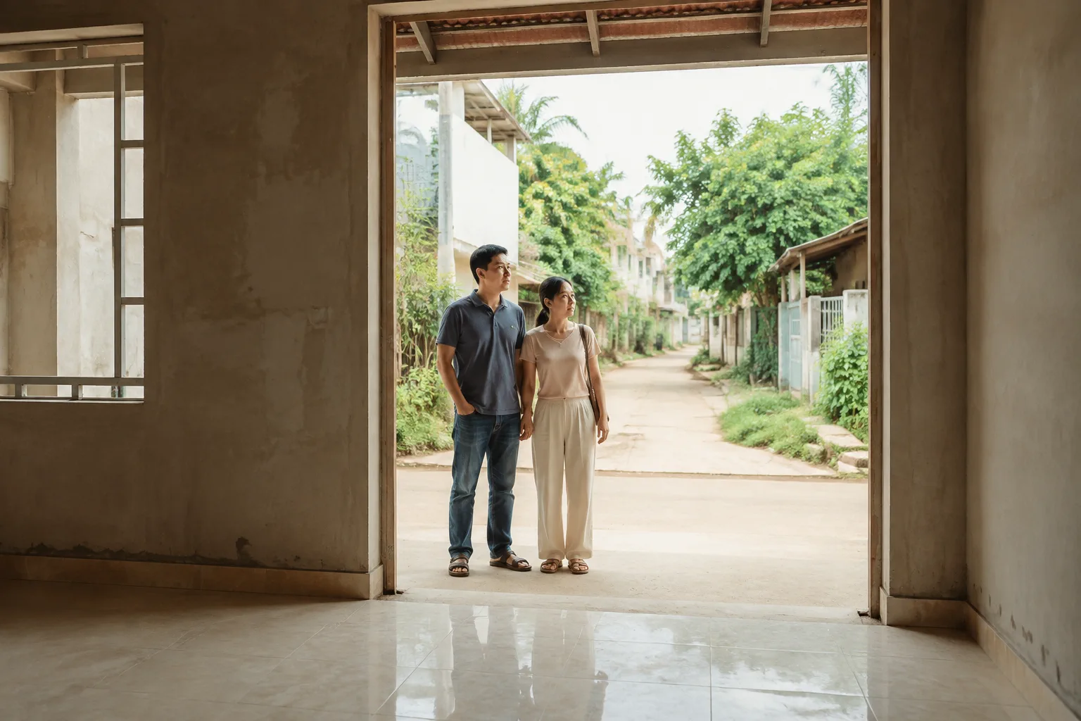 Một cặp vợ chồng Việt Nam lần đầu tìm nhà đứng tại hiên một căn nhà đang hoàn thiện ở Gia Nghĩa, cùng quan sát không gian bên trong để hình dung nhu cầu sử dụng và cách bố trí cuộc