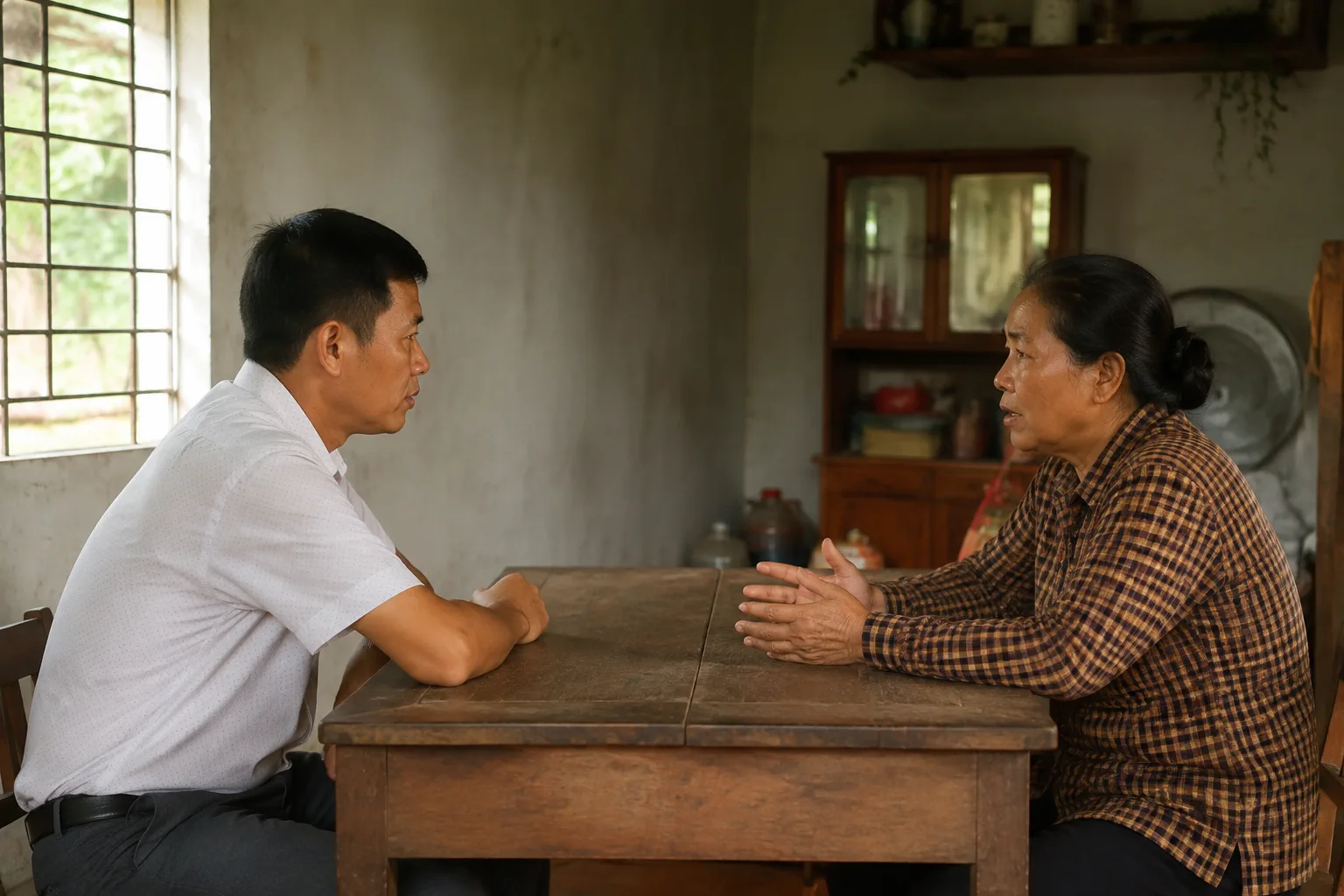 Người mua nhà đất đang ngồi đối diện với chủ tài sản tại một không gian trong nhà đơn giản ở Đắk Nông, hai bên đang trao đổi nghiêm túc trước khi ký kết, thể hiện sự thận trọng tro