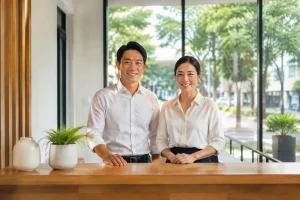 Đội ngũ chuyên viên bất động sản đứng đón khách tại không gian văn phòng khang trang ở Gia Nghĩa, thể hiện sự chuyên nghiệp và sẵn sàng hỗ trợ quy trình dịch vụ