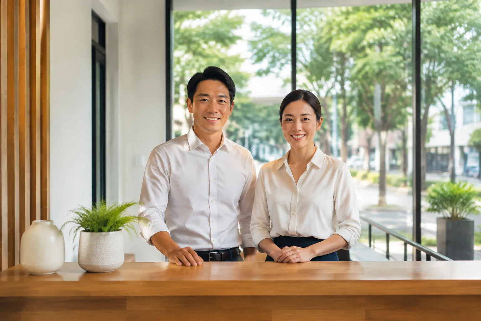 Đội ngũ chuyên viên bất động sản đứng đón khách tại không gian văn phòng khang trang ở Gia Nghĩa, thể hiện sự chuyên nghiệp và sẵn sàng hỗ trợ quy trình dịch vụ