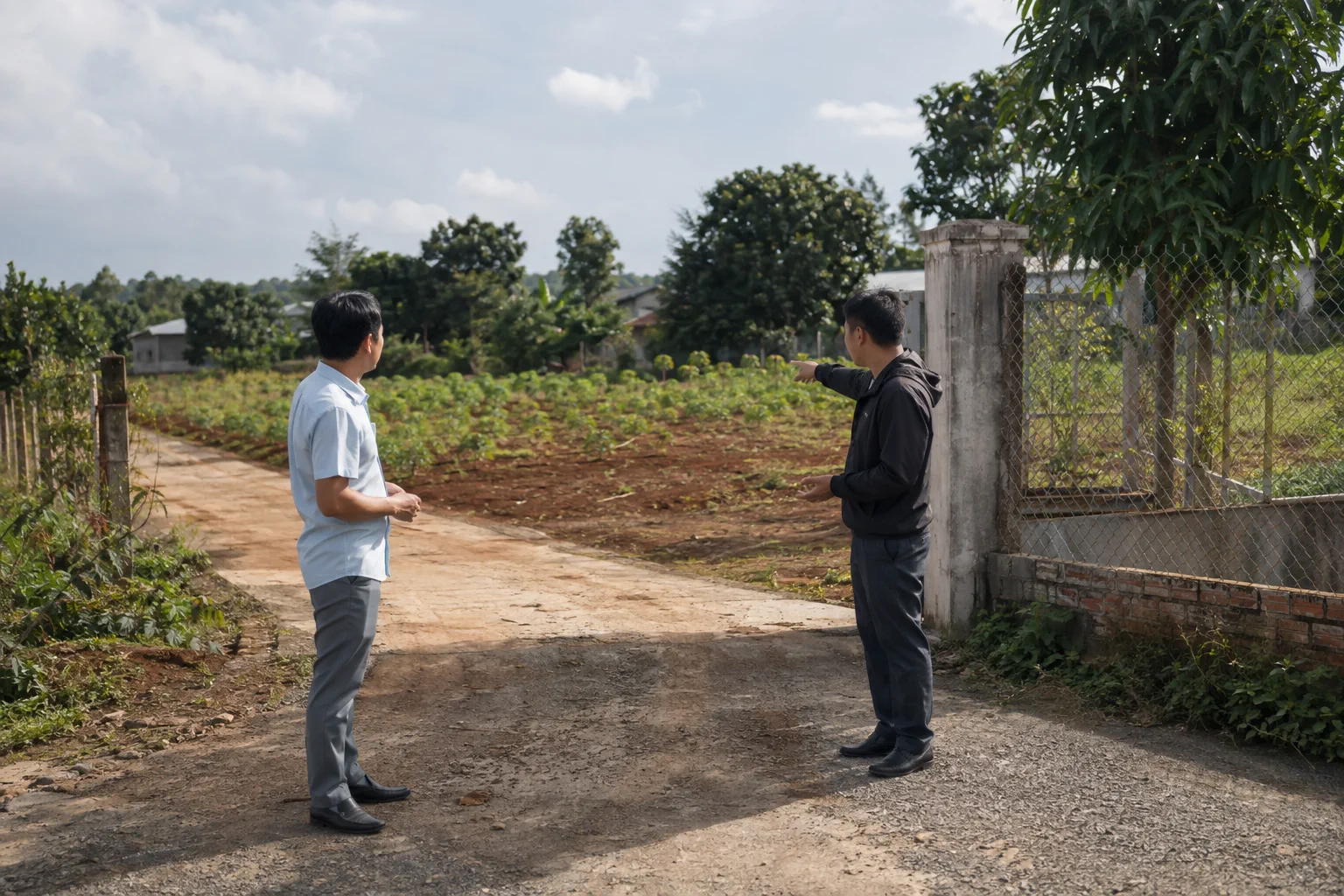Người mua và người tư vấn trao đổi tại khu đất ở Đắk Nông trước khi đặt cọc, tập trung vào việc đặt câu hỏi và xác minh thông tin giao dịch qua quan sát thực tế, không có giấy tờ h