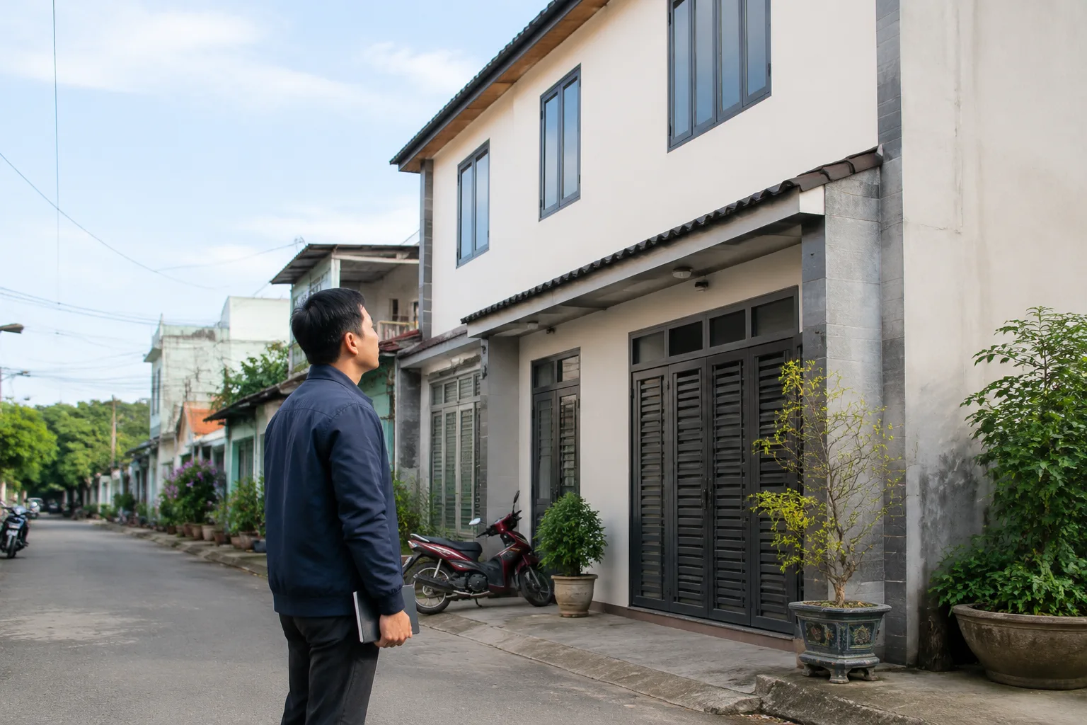 Người mua nhà đứng trước mặt tiền căn nhà phố tại Gia Nghĩa, quan sát tường ngoài và mái nhà vào buổi sáng