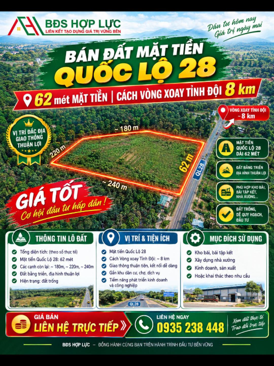 BÁN ĐẤT MẶT TIỀN QUỐC LỘ 28 – 62M MẶT TIỀN | CÁCH VÒNG XOAY TỈNH ĐỘI 8KM