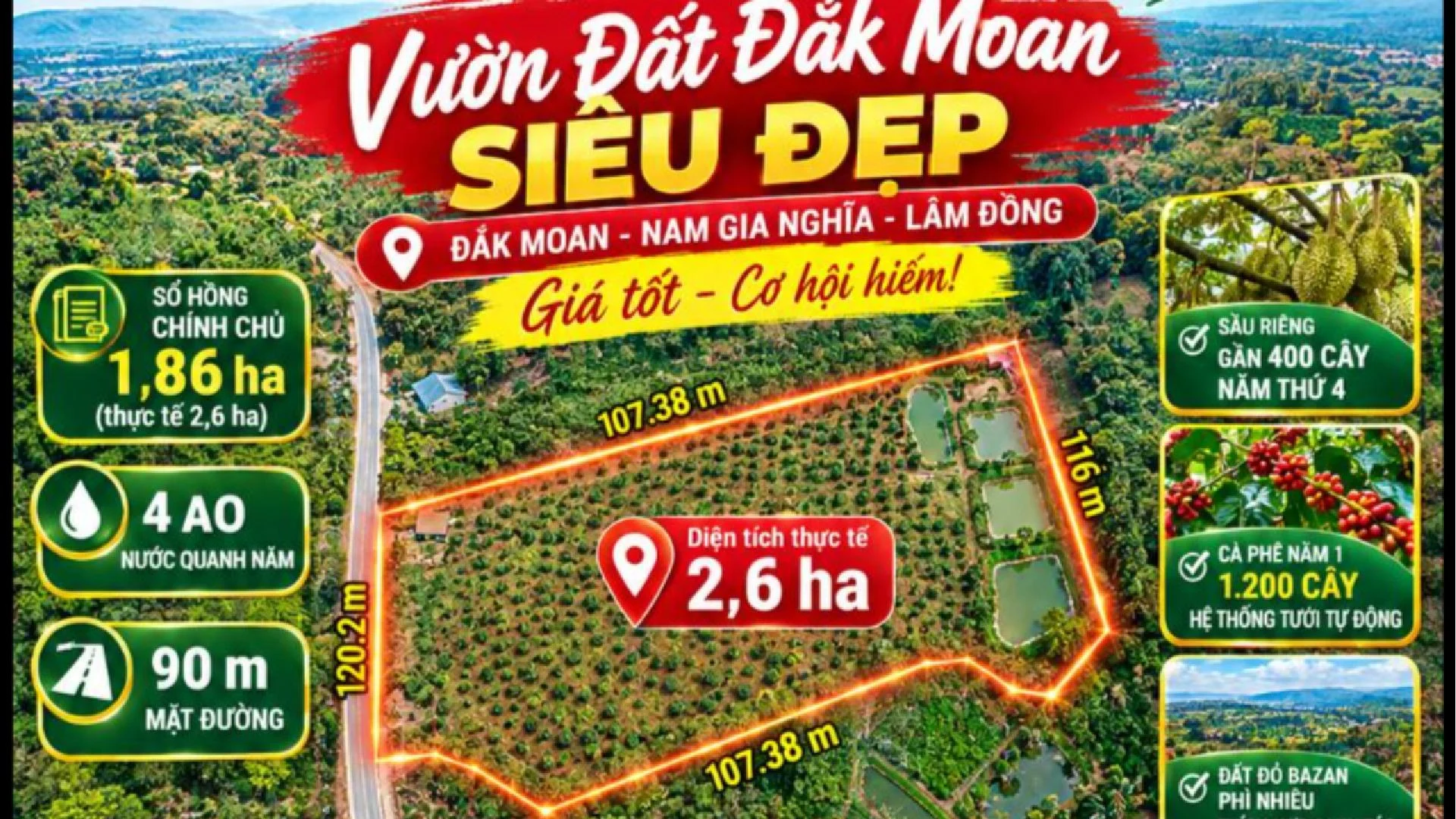 VƯỜN 2,6HA – 90M MẶT ĐƯỜNG – 4 AO NƯỚC – GIÁ 7,5 TỶ