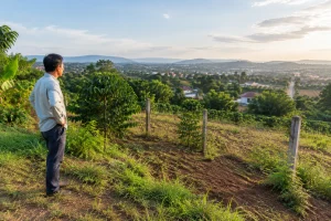 Chủ tài sản tại Gia Nghĩa đang chuẩn bị thông tin về khu đất bằng cách quan sát và ghi nhớ các đặc điểm thực tế của tài sản trong một buổi khảo sát yên tĩnh, với không gian đất ven