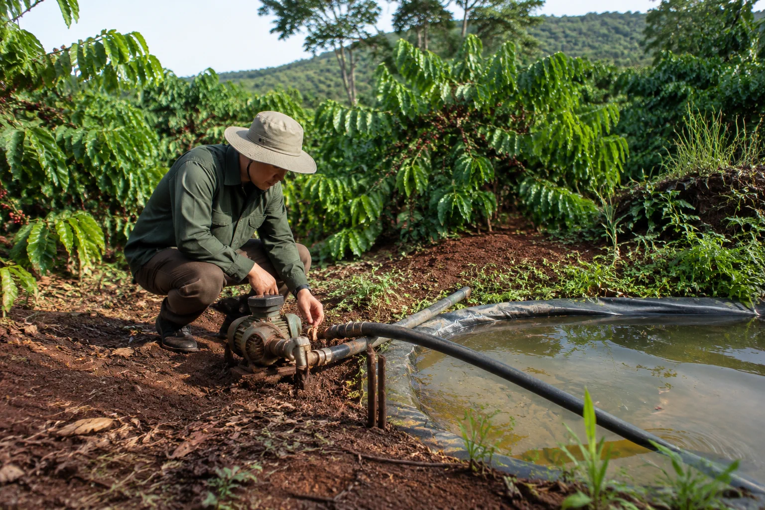 Chuyên viên khảo sát đang kiểm tra hệ thống máy bơm và đường ống dẫn nước tại một hồ chứa nhỏ trong khu vực rẫy cà phê ở Đắk Nông, thể hiện bước đánh giá thực tế nguồn nước tưới.