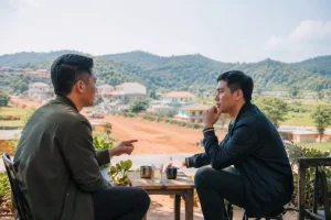 Người mua bất động sản đang chuẩn bị trao đổi nhu cầu tìm kiếm tài sản tại một không gian sinh hoạt địa phương ở Đắk Nông, với các yếu tố như trang phục thực tế, khu vực xung quanh