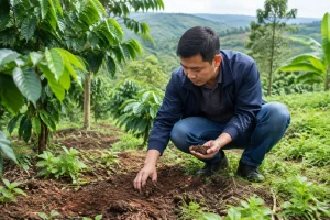 Người mua đang ngồi xổm kiểm tra chất lượng đất và địa hình thực tế tại một khu vườn ở Đắk Nông, thể hiện bước khảo sát kỹ lưỡng thay vì chỉ quan sát cảnh quan chung.