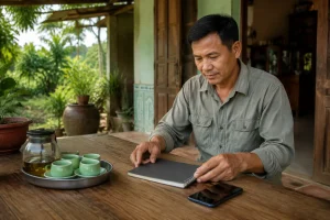 Chủ đất tại Đắk Nông đang chuẩn bị thông tin tài sản trước buổi trao đổi ký gửi, ngồi tại không gian sân nhà nông thôn với điện thoại và ghi chú cá nhân không có chữ, thể hiện bước