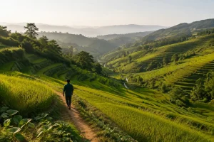 Cảnh đồng bậc thang xanh mướt ở Đắk Nông, người mua bất động sản đang đi bộ trên con đường đất, ánh sáng bình minh chiếu qua