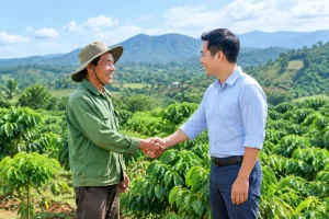 Nông dân và đại diện công ty bảo hiểm bắt tay trong cánh đồng nông nghiệp xanh mướt tại Đắk Nông, nền núi non phía sau