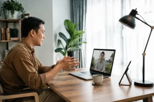 Người mua ở xa trao đổi nhu cầu tìm bất động sản Đắk Nông với chuyên viên hỗ trợ trong một buổi trao đổi từ xa, thể hiện giai đoạn phối hợp xác định mục tiêu và chuẩn bị trước chuy