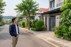 Người mua bất động sản đang quan sát một khu phố dân cư tại Gia Nghĩa từ vỉa hè, thể hiện quá trình cân nhắc nhu cầu mua nhà để ở với môi trường sống xung quanh, có nhà ở, cây xanh