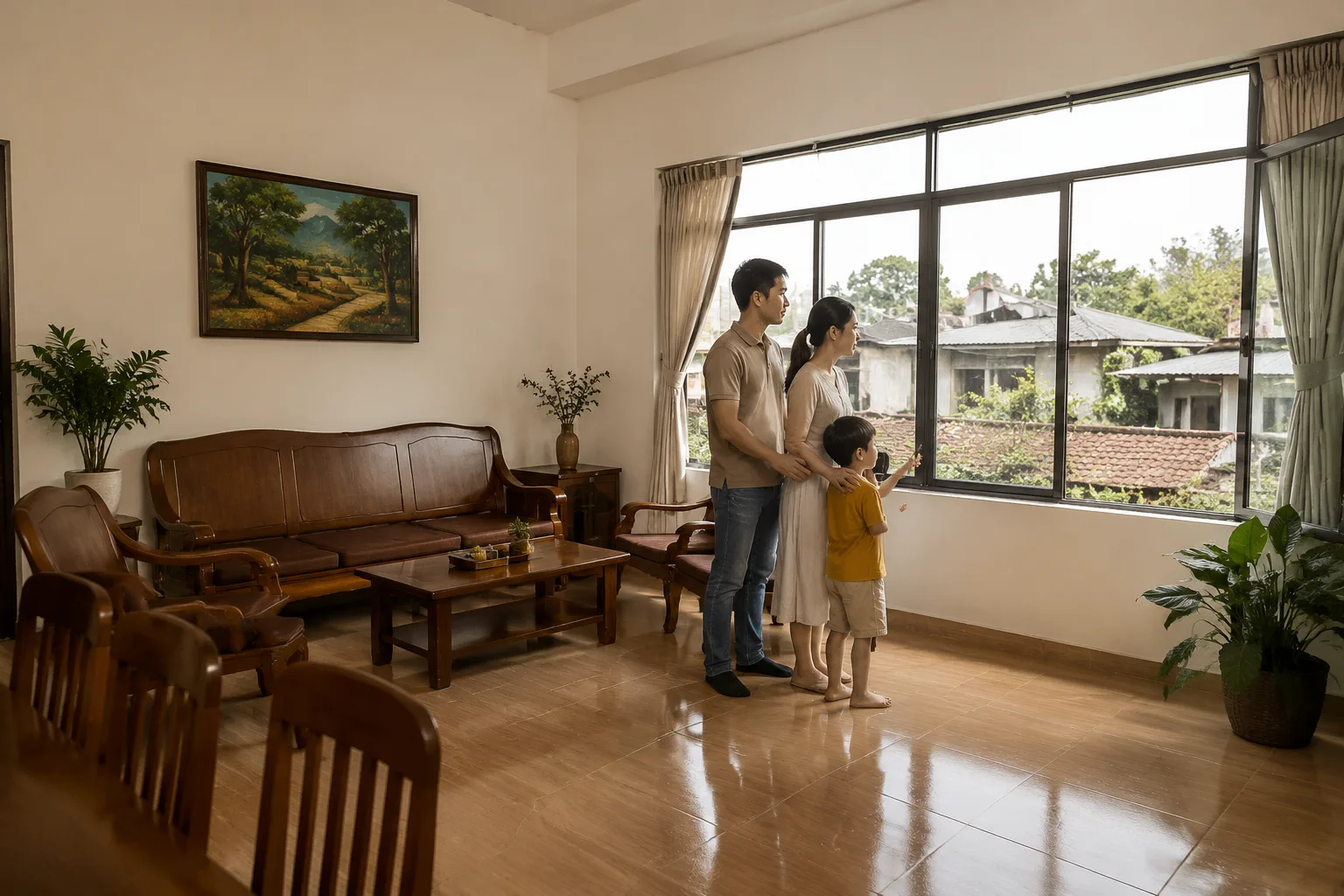Toàn cảnh một gia đình trẻ tại Gia Nghĩa đang đứng trong phòng khách của một ngôi nhà dân cư và quan sát không gian sinh hoạt thực tế, thể hiện bước xác định nhu cầu sử dụng trước