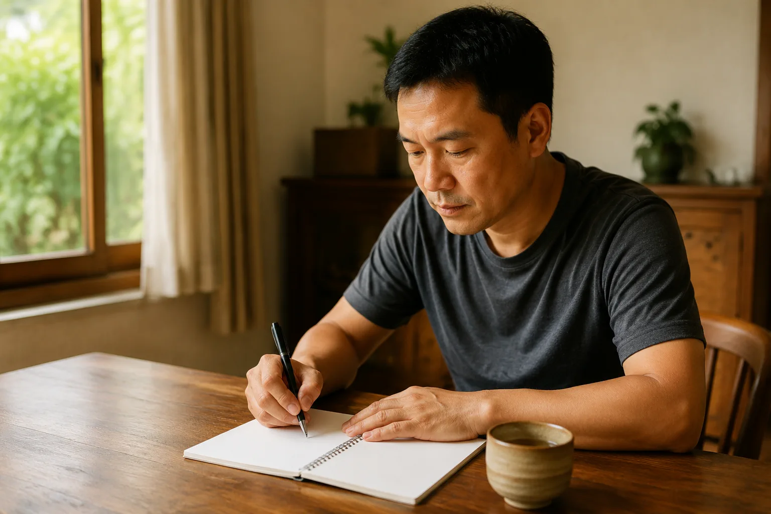 Người mua nhà từ xa ngồi tại bàn làm việc ở nhà, chuẩn bị danh sách tiêu chí và câu hỏi trên tờ giấy trắng trước chuyến khảo sát bất động sản Gia Nghĩa, thể hiện giai đoạn lên kế h