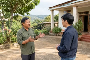 Chủ nhà đất tại Đắk Nông đang chuẩn bị trao đổi thông tin với khách mua trong không gian sân nhà, thể hiện quá trình giao tiếp minh bạch trước khi giao dịch với bàn trà, không gian