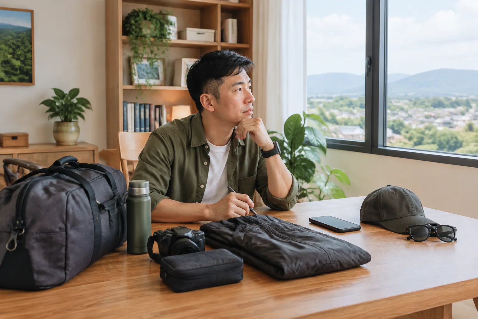 Nhà đầu tư ở xa đang chuẩn bị hành trình khảo sát bất động sản Đắk Nông tại một không gian làm việc yên tĩnh, với hành lý gọn gàng và tư duy lên kế hoạch trước chuyến đi thực tế.