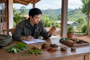 Một chuyên viên bất động sản tại Đắk Nông ngồi bên bàn gỗ ngoài hiên một khu nhà vườn, sắp xếp các ghi chú khảo sát viết tay không nhìn rõ nội dung cùng các vật mẫu tự nhiên từ nhi