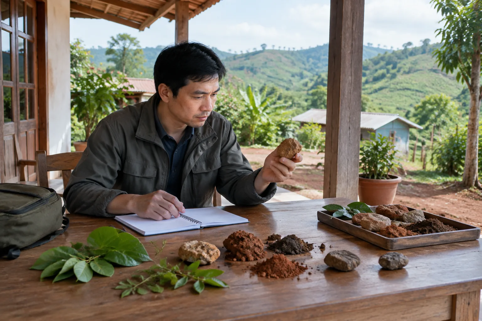 Một chuyên viên bất động sản tại Đắk Nông ngồi bên bàn gỗ ngoài hiên một khu nhà vườn, sắp xếp các ghi chú khảo sát viết tay không nhìn rõ nội dung cùng các vật mẫu tự nhiên từ nhi