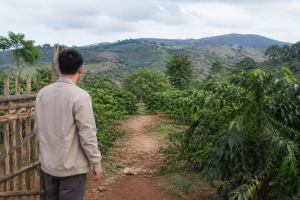 Toàn cảnh người mua chuẩn bị xác minh thông tin một khu đất tại Đắk Nông trước khi đi khảo sát, với cảnh quan nông thôn và tuyến đường tiếp cận thể hiện bối cảnh tìm hiểu ban đầu
