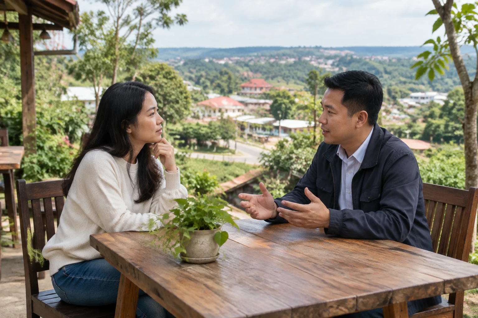 Người mua lần đầu ngồi trao đổi với chuyên viên tư vấn bất động sản tại một không gian mở ở Gia Nghĩa, tập trung vào việc đặt câu hỏi và làm rõ các yếu tố cần kiểm tra trước khi đi