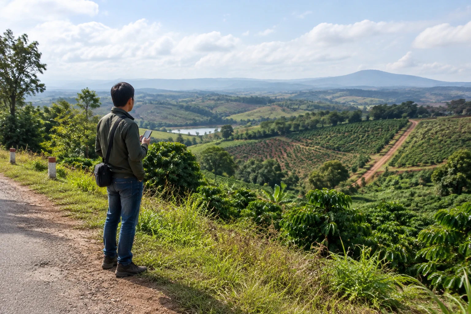 Người ở xa chuẩn bị khảo sát đất farm Đắk Nông bằng cách quan sát khu vực canh tác và môi trường xung quanh từ một điểm dừng trên tuyến đường vào khu đất, thể hiện giai đoạn chuẩn