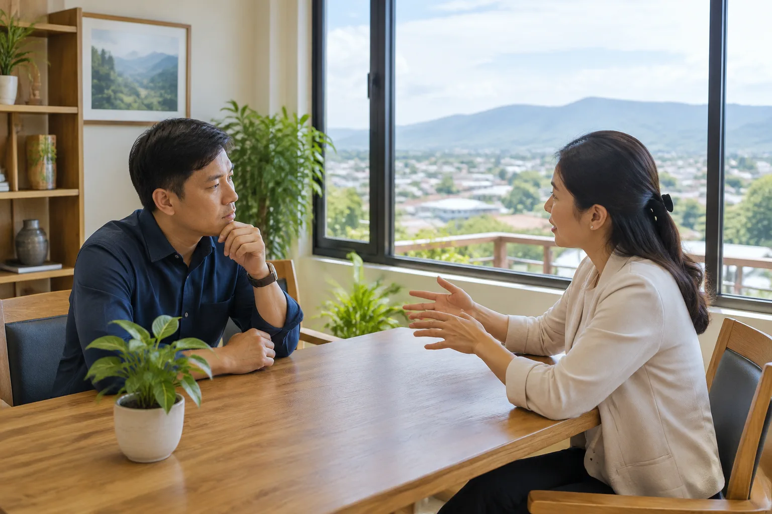 Người mua bất động sản trao đổi các tiêu chí tìm kiếm đất tại Gia Nghĩa trong không gian tư vấn sáng sủa, tập trung vào việc xác định nhu cầu trước khi đi xem tài sản